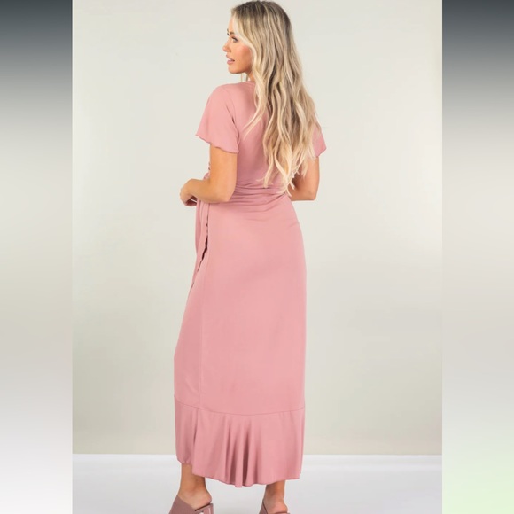 NEW Maternity Faux Wrap Butterfly Sleeve Dress with Ruffles in Light Pink - Picture 4 of 7